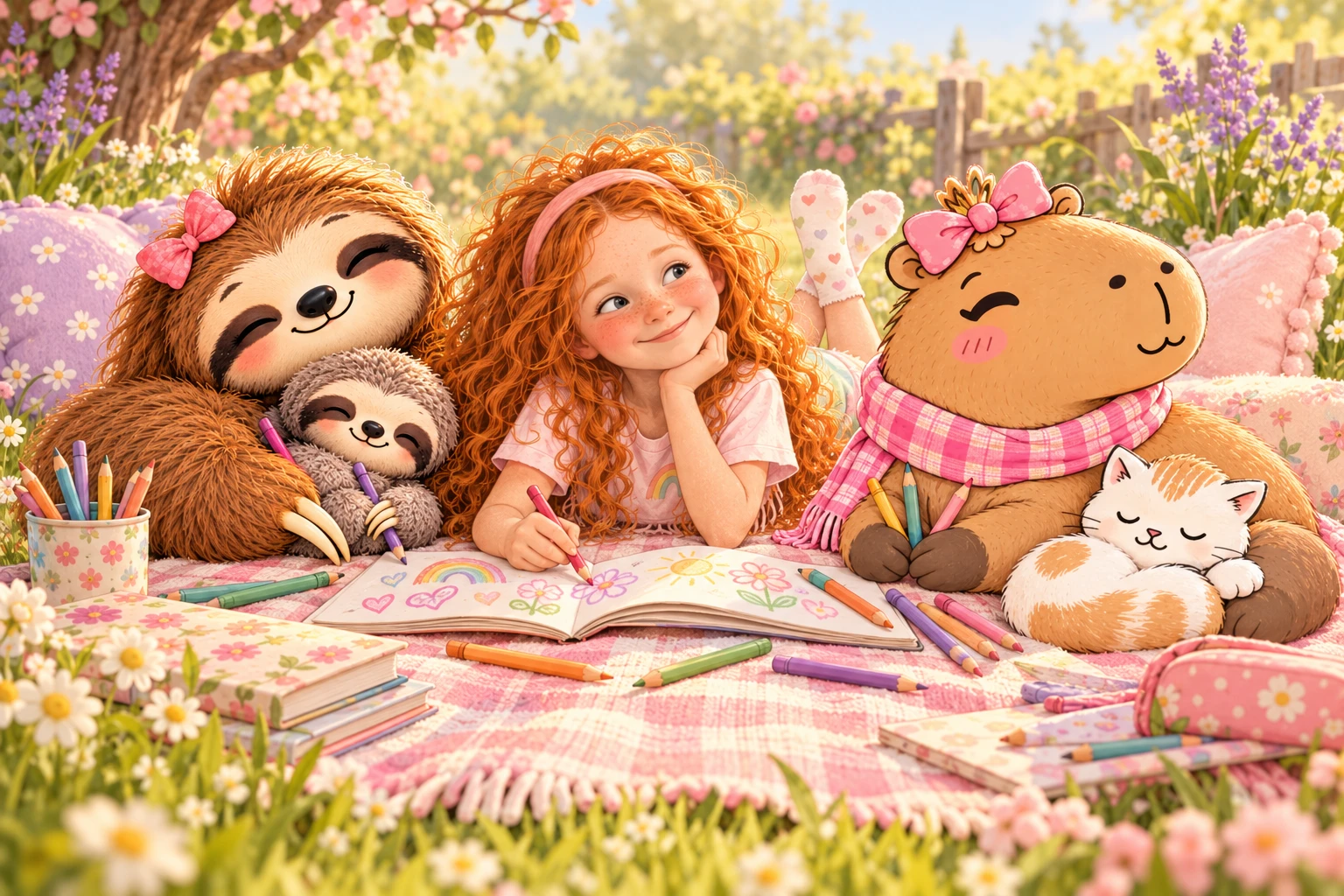 Penelope, Slothy and the capybara sharing a cosy colouring afternoon, with the little sloth and cat beside them.